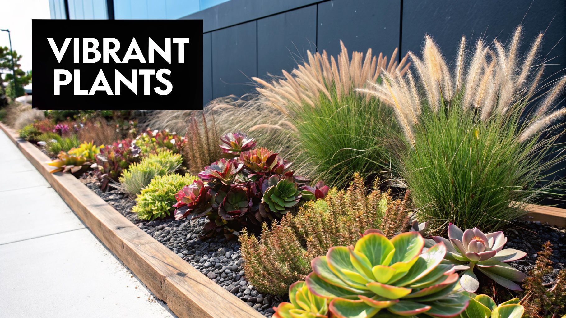 A diverse drought-tolerant landscape with colorful succulents, grasses, and flowers, showcasing varied textures and forms.
