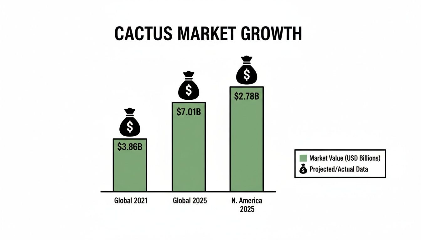 Bar chart showing cactus market growth, with global and North America values for 2021 and 2025.
