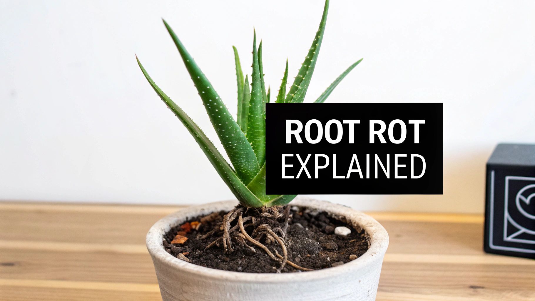 A close-up shot of an aloe vera plant with visible signs of distress, such as yellowing leaves, hinting at the root rot occurring beneath the soil.