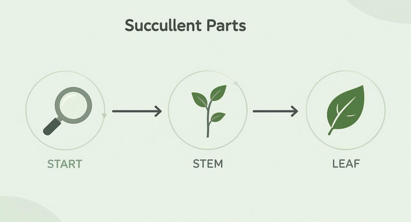 A diagram illustrating succulent parts, showing a flow from start to stem to individual leaf.