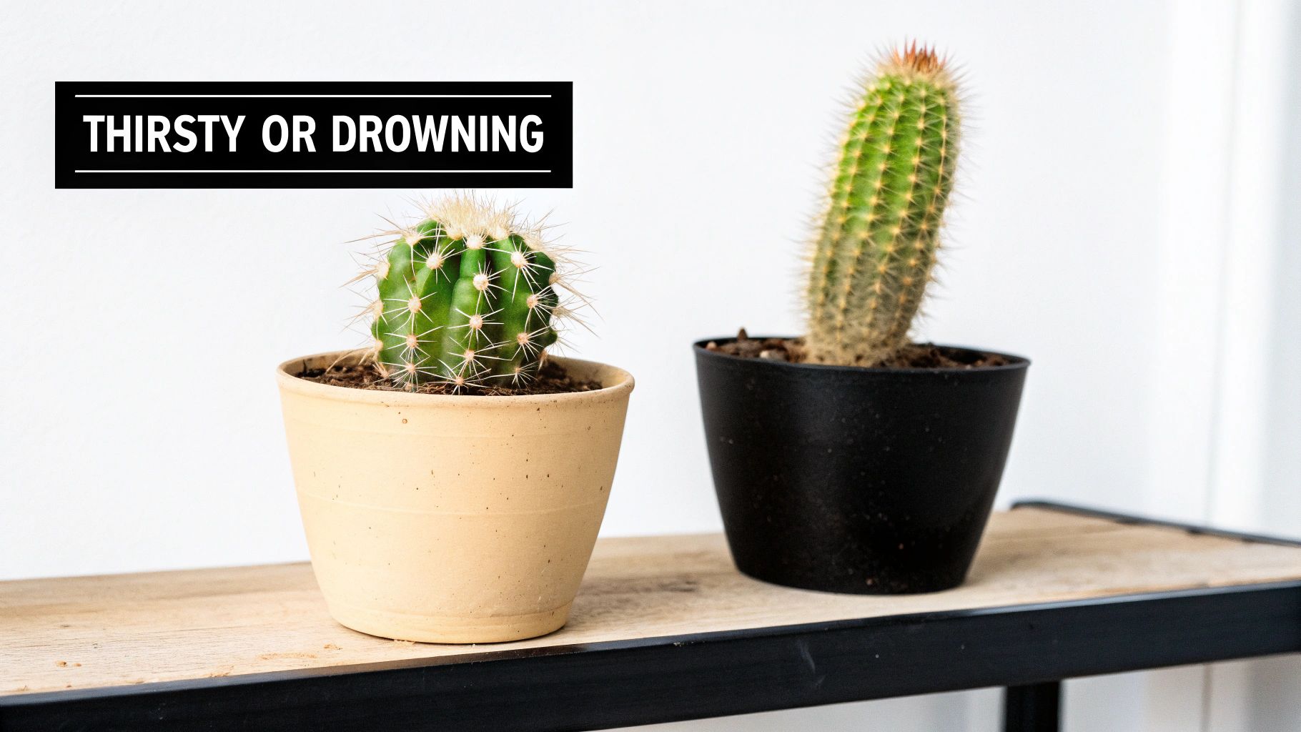 Two potted cacti on a wooden shelf with text "THIRSTY OR DROWNING" about plant care.