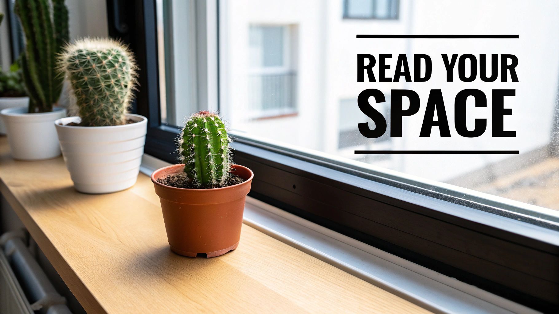 A collection of small cacti and succulents in terracotta pots on a sunny windowsill.