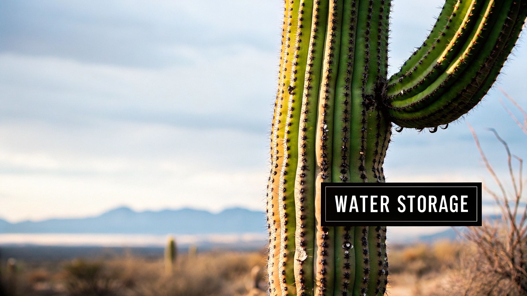 Close-up of a saguaro cactus with water droplets, showcasing its water storage ability in a desert landscape.