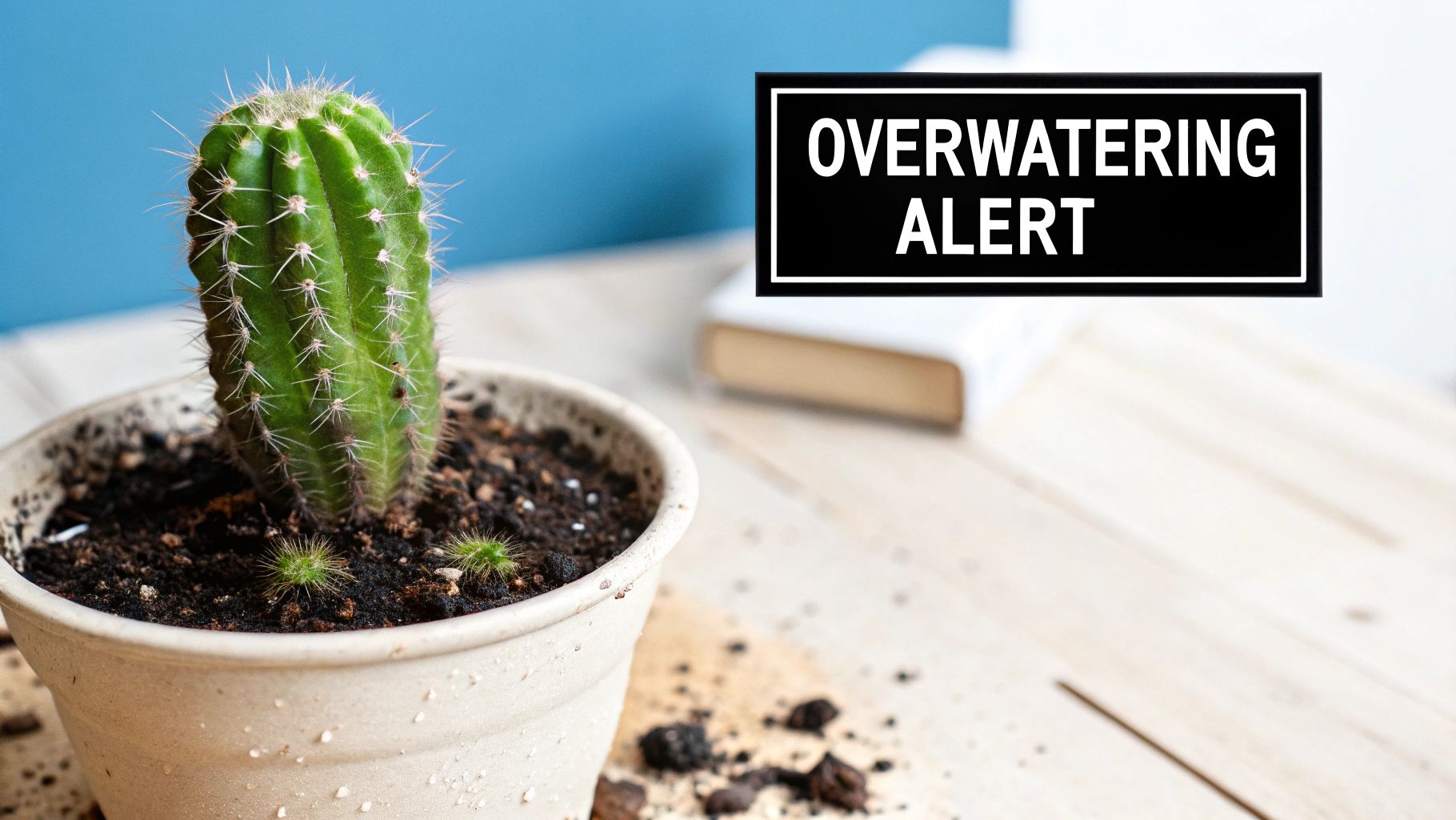 A cactus with signs of overwatering, such as yellowing and a mushy base, being carefully inspected.
