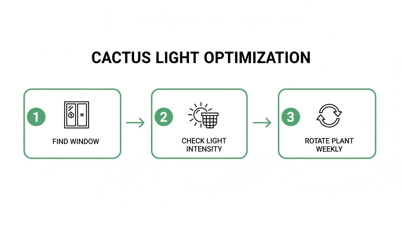 Infographic with a 3-step guide for optimal cactus light: find window, check intensity, rotate weekly.