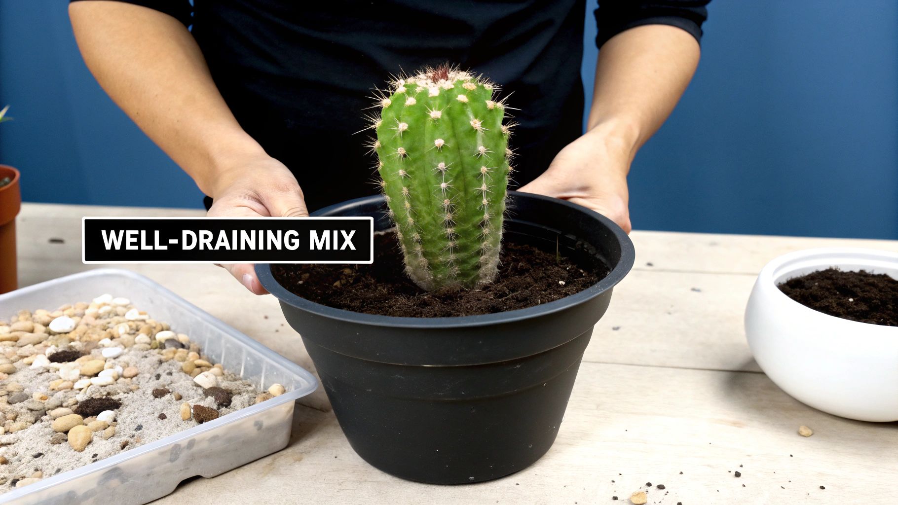 Hands gently holding a large, spiky green cactus plant in a black pot with well-draining soil.