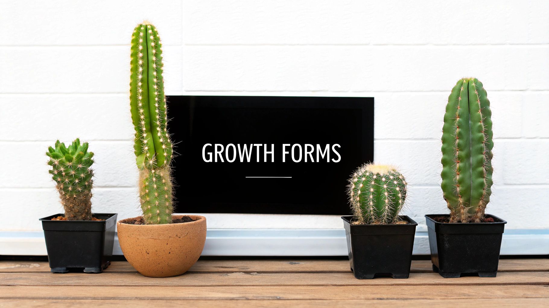 Four potted cacti of varying shapes and sizes on a wooden surface, with a “GROWTH FORMS” sign.