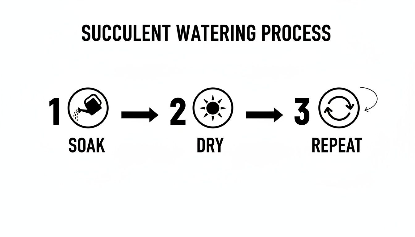 An infographic illustrating the three-step succulent watering process: soak, dry, and repeat.