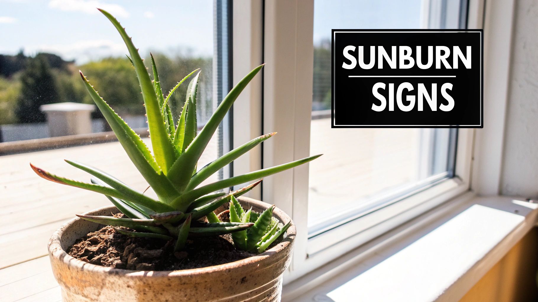 An aloe vera plant in a terracotta pot by a sunny window, with a text box 'SUNBURN SIGNS'.