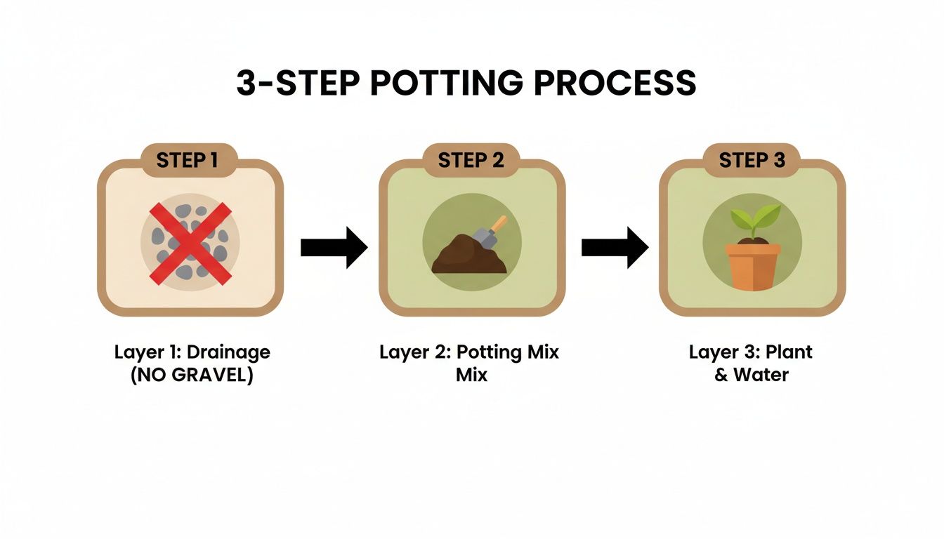 Infographic illustrating a 3-step potting process: drainage (no gravel), potting mix, and planting with water.