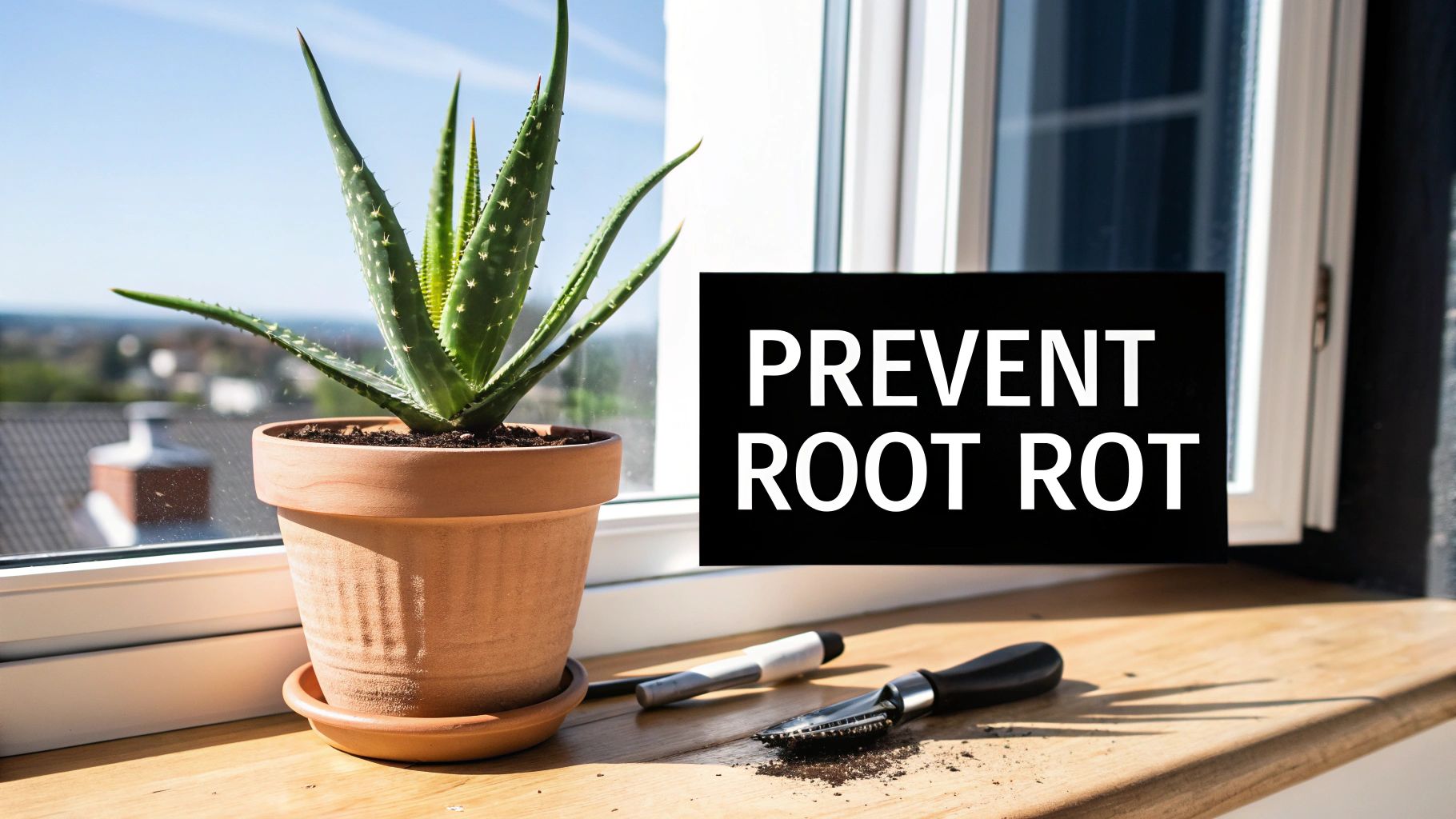 A healthy aloe vera plant in a terracotta pot with well-draining soil, sitting in a bright, sunny spot.