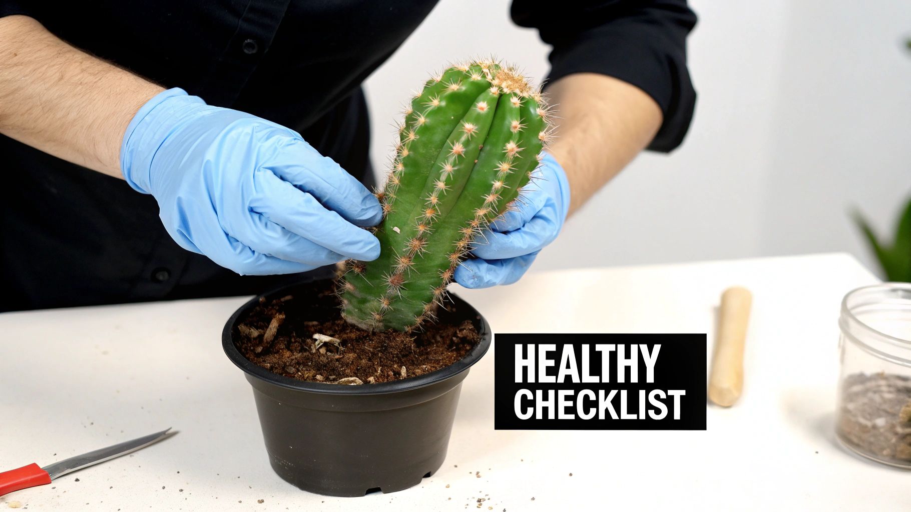 A person wearing blue gloves carefully plants a spiny green cactus into a black pot with soil.
