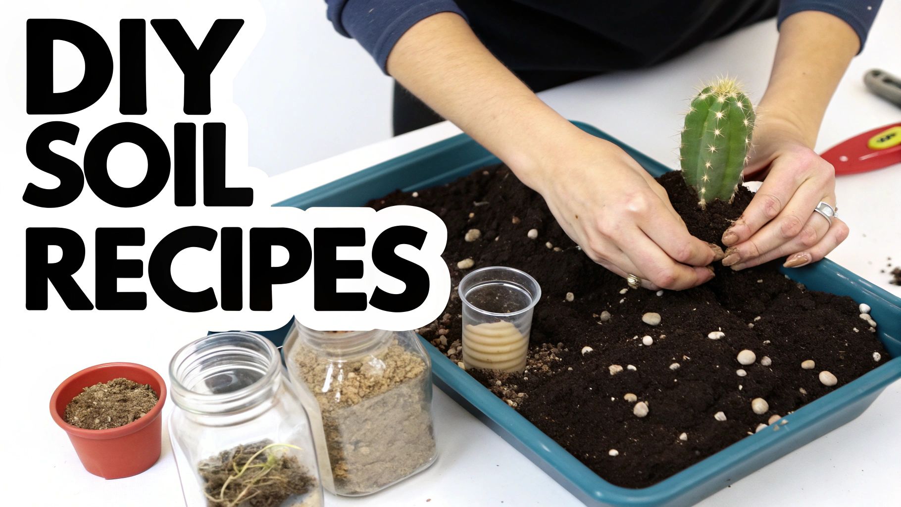A person planting a green cactus in a soil-filled tray, surrounded by various soil mix ingredients and text 'DIY SOIL RECIPES'.