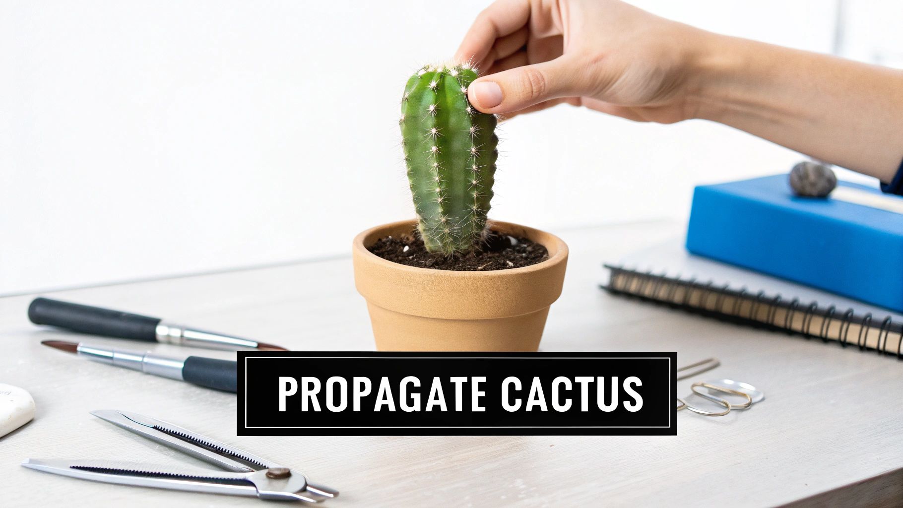 A hand is holding a cactus cutting above a small potted plant on a desk, ready for propagation.