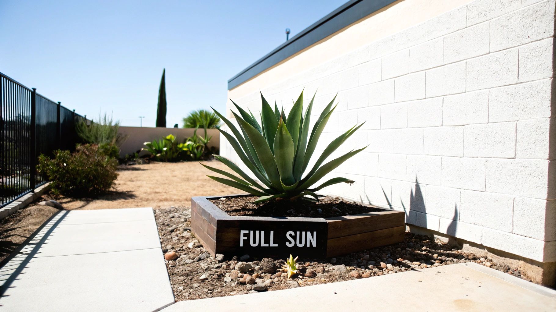 A large century plant with spiky leaves basking in the sun in a garden setting.