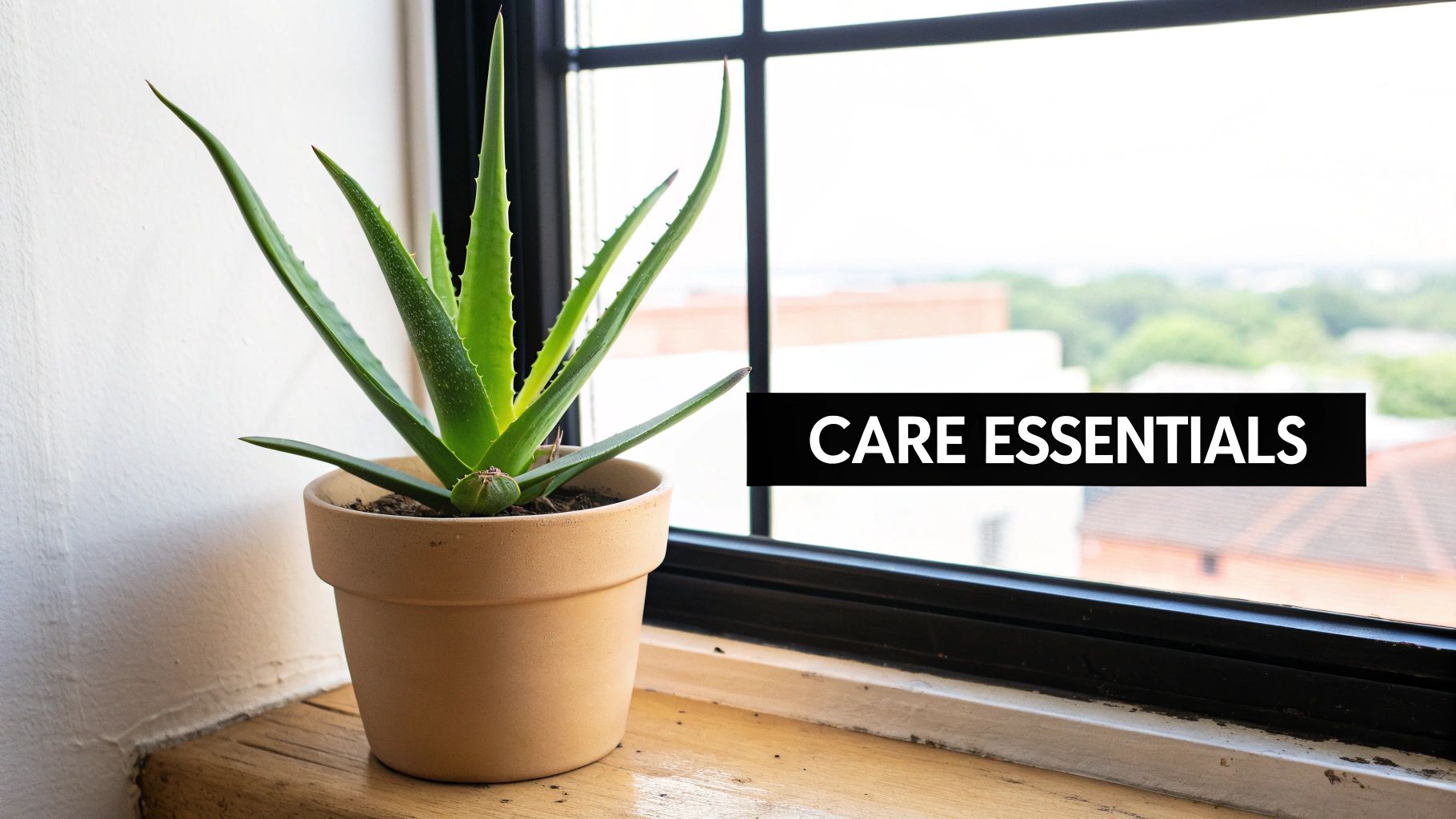 A healthy aloe vera plant in a terracotta pot sitting on a wooden surface.