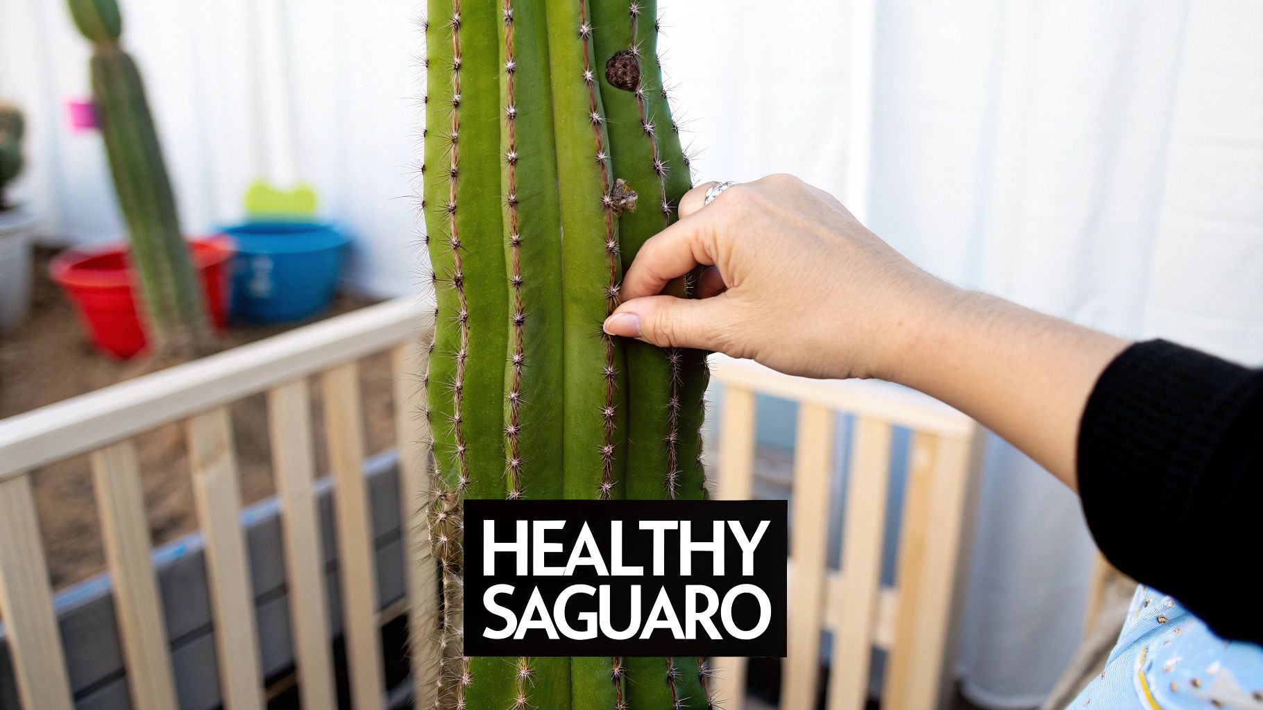 A person's hand gently touches the ribbed, thorny green surface of a healthy saguaro cactus.