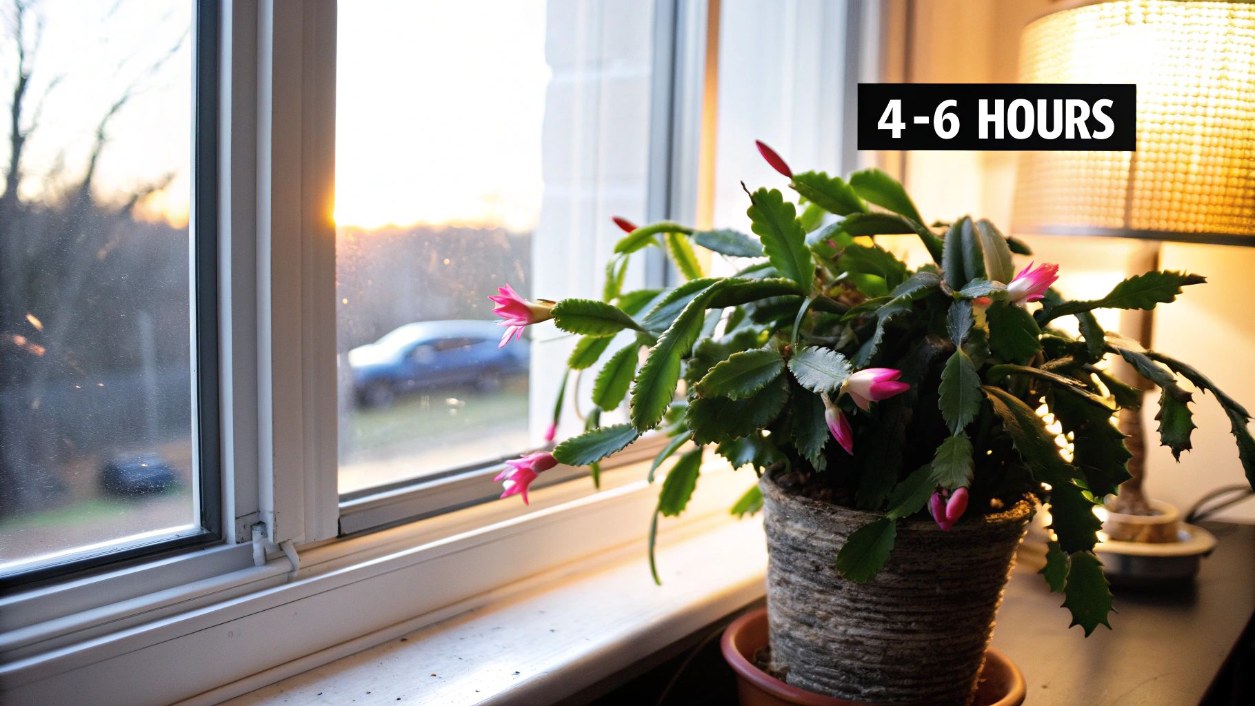 A healthy Christmas cactus with vibrant pink flowers sitting in a brightly lit room.
