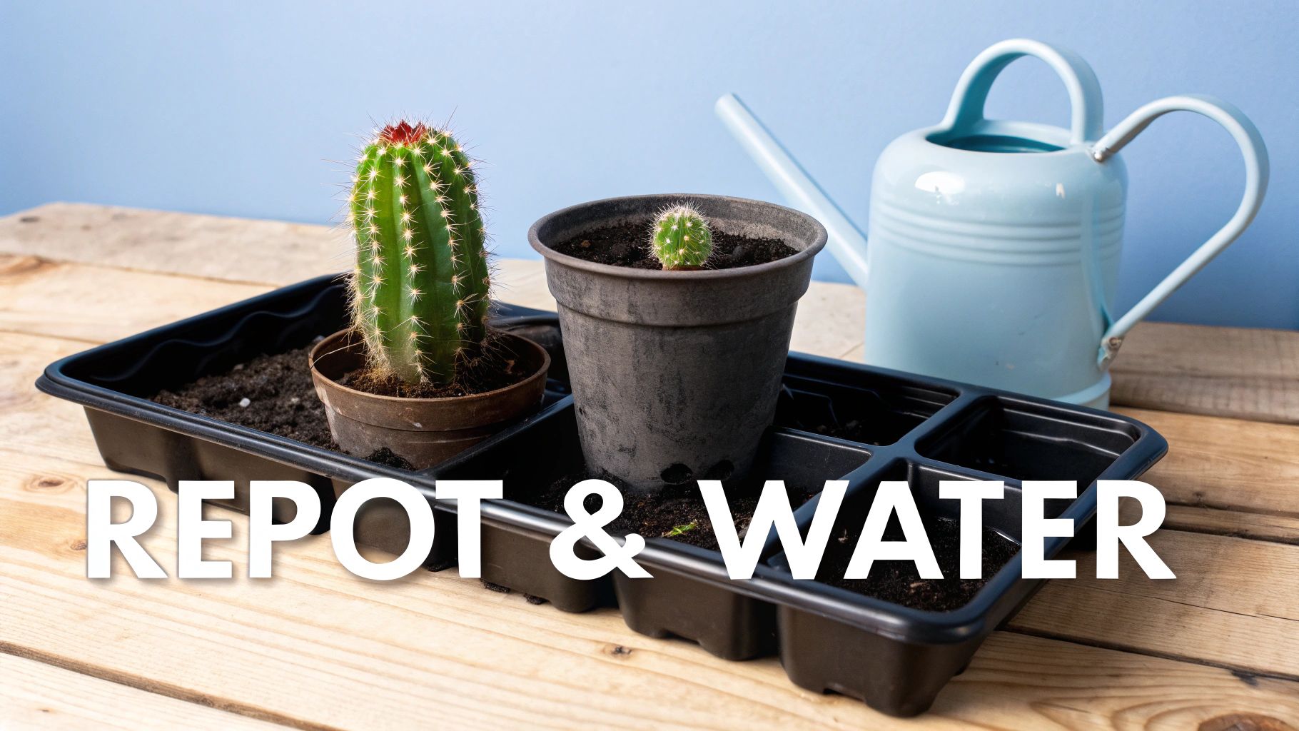 Two potted cacti in a black planting tray with a blue watering can, suggesting repotting and watering.