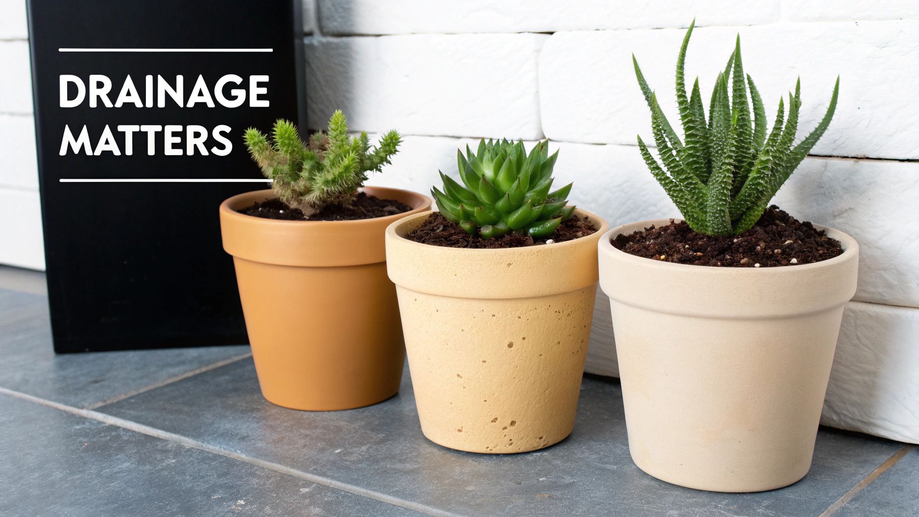 Three healthy succulent plants in terracotta pots on a dark floor, with a 'DRAINAGE MATTERS' sign.