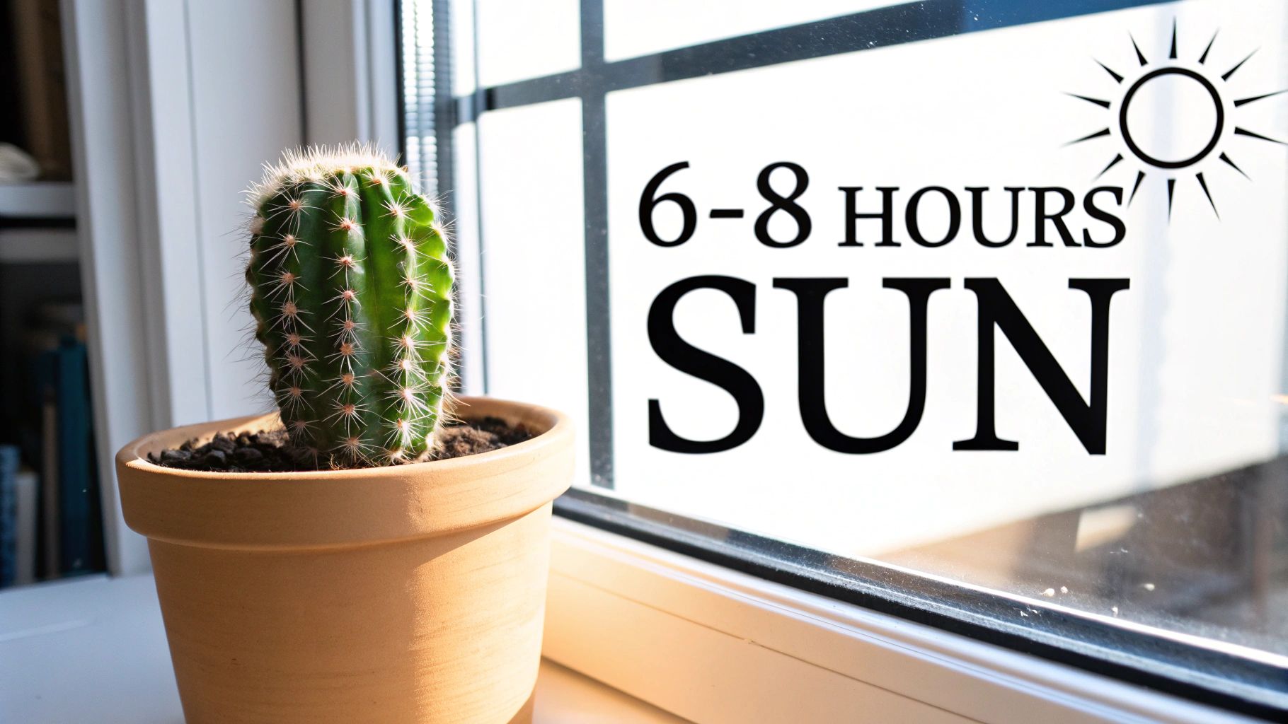 A potted cactus sits on a bright windowsill, with text '6-8 HOURS SUN' on the window.