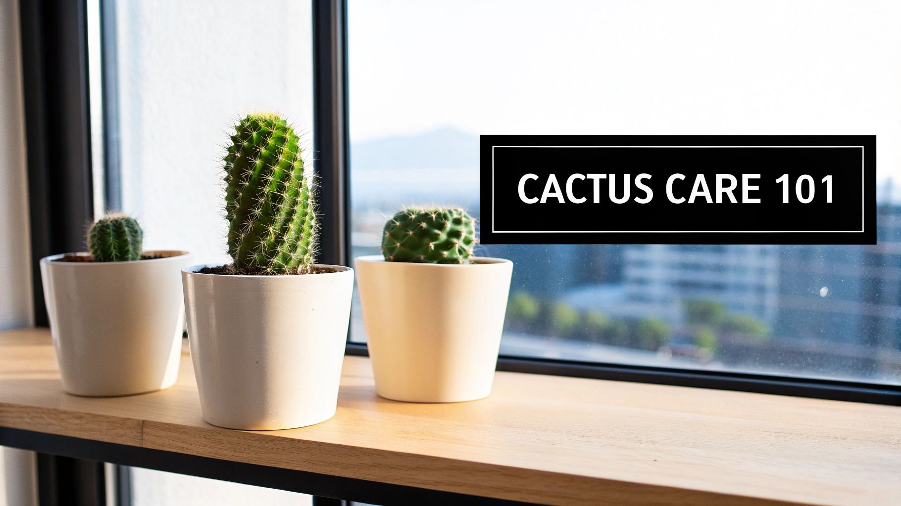 A collection of various small cacti in terracotta pots sitting on a wooden shelf