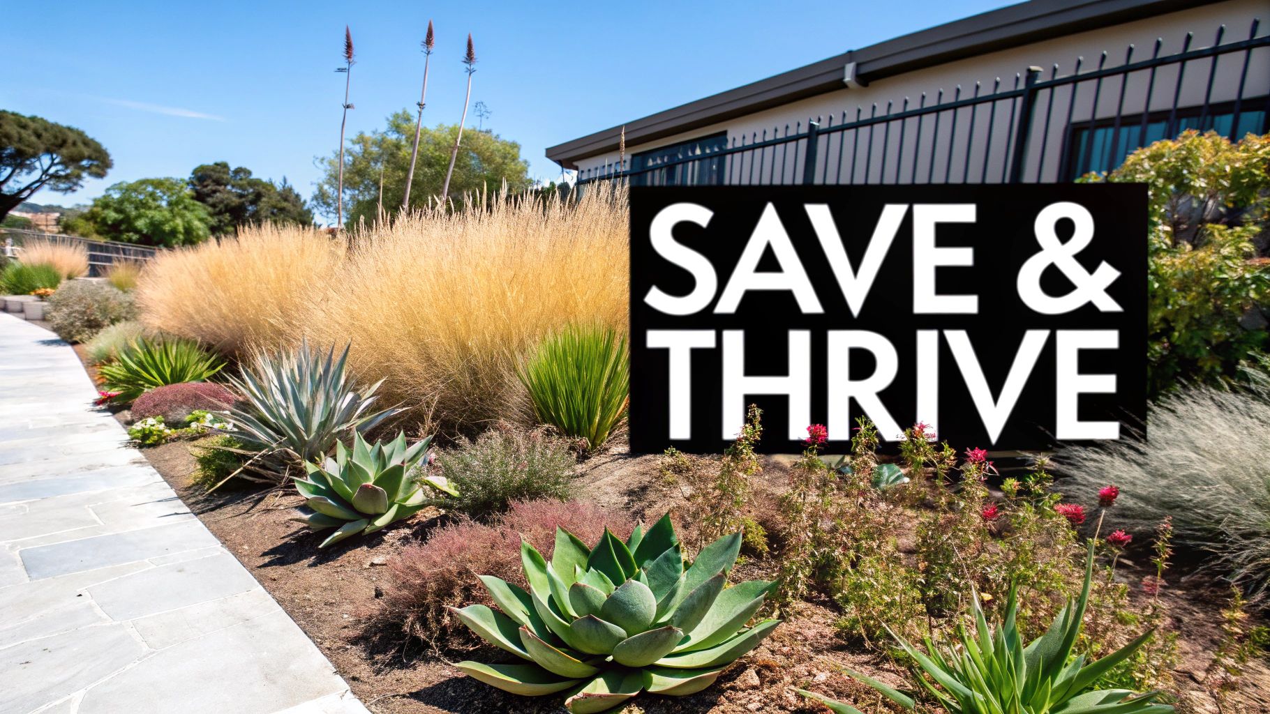 A vibrant drought-tolerant garden with various succulents and ornamental grasses.