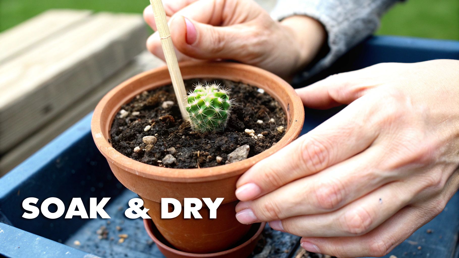 Hands checking soil moisture with a stick in a small potted cactus, illustrating 'SOAK & DRY' watering.