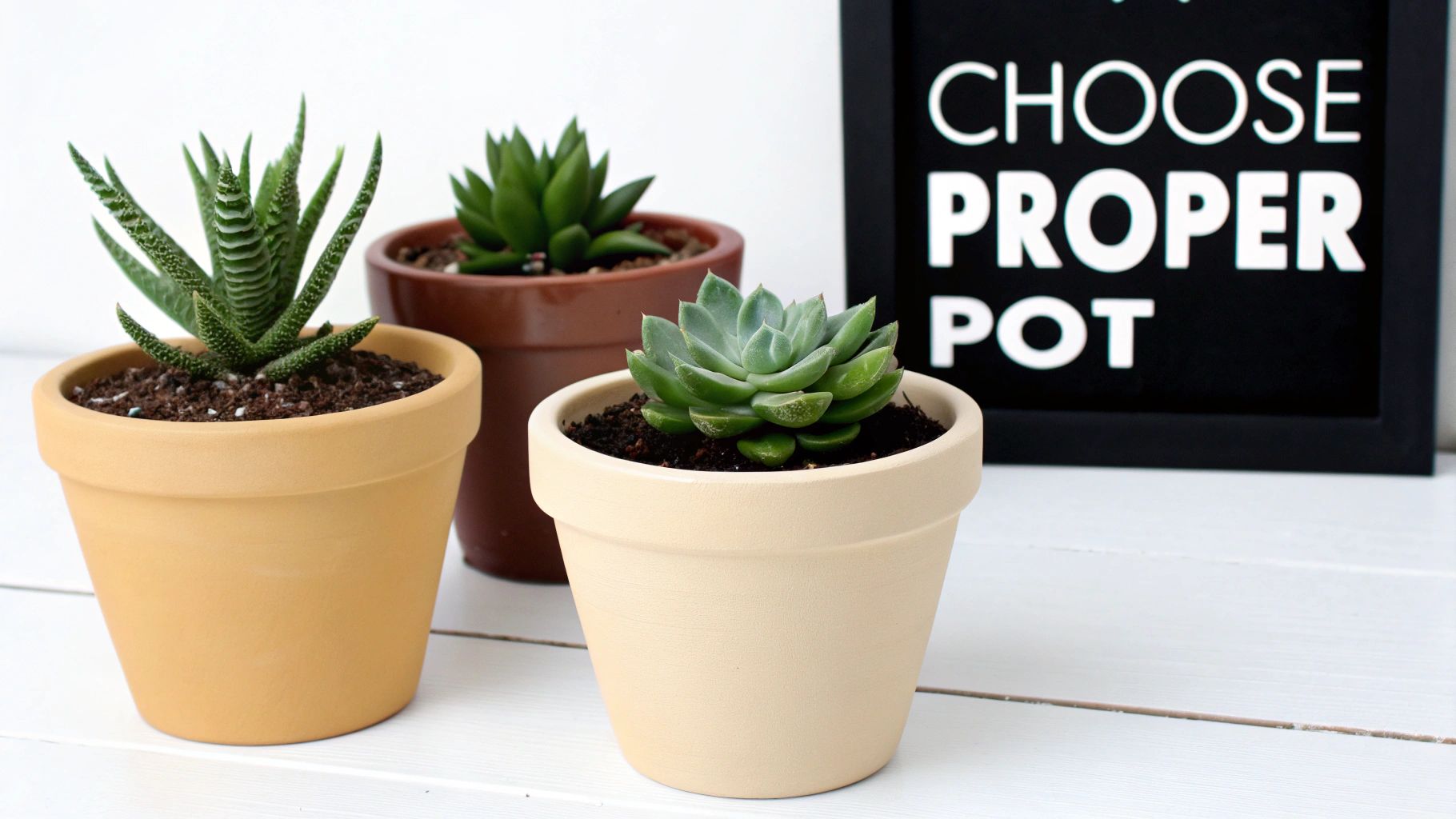 Three healthy succulents in different colored pots sit on a white table with a plant care sign.
