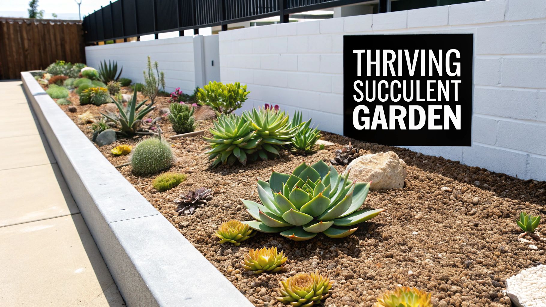 A vibrant outdoor succulent garden featuring a variety of colors and textures in a rock bed.