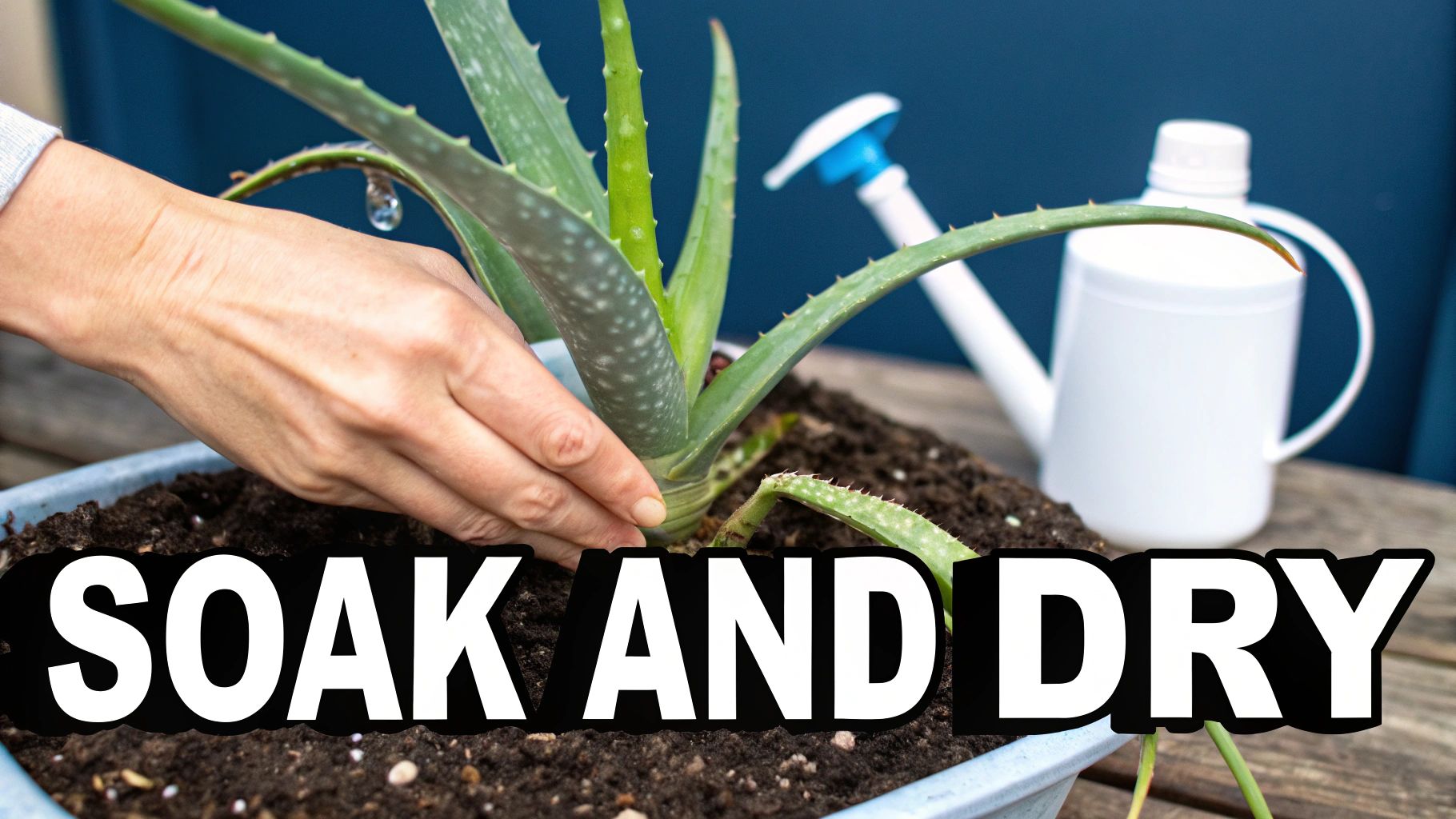 A person watering an aloe vera plant carefully.