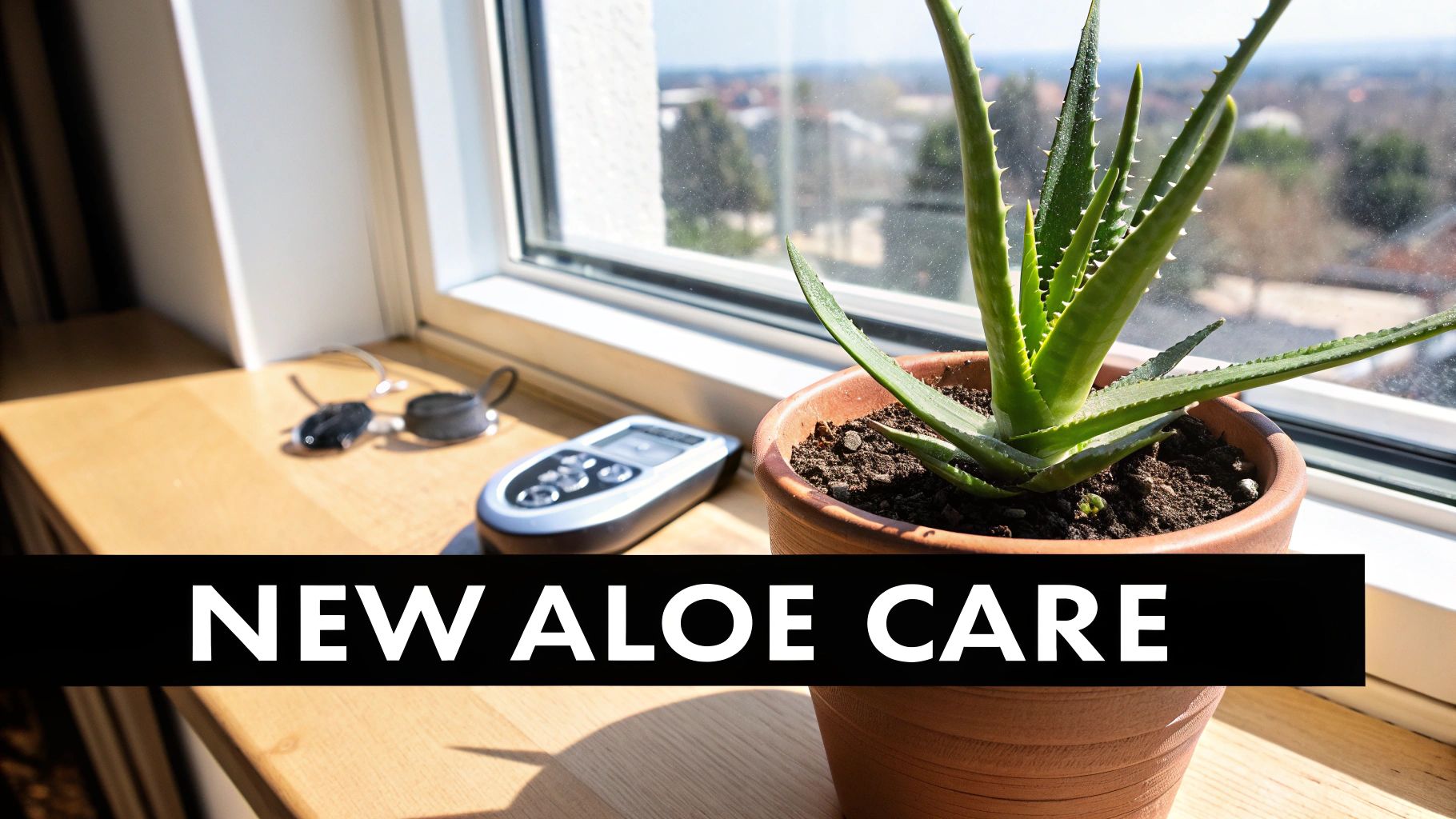 Healthy aloe vera plant in terracotta pot on sunny windowsill with city view