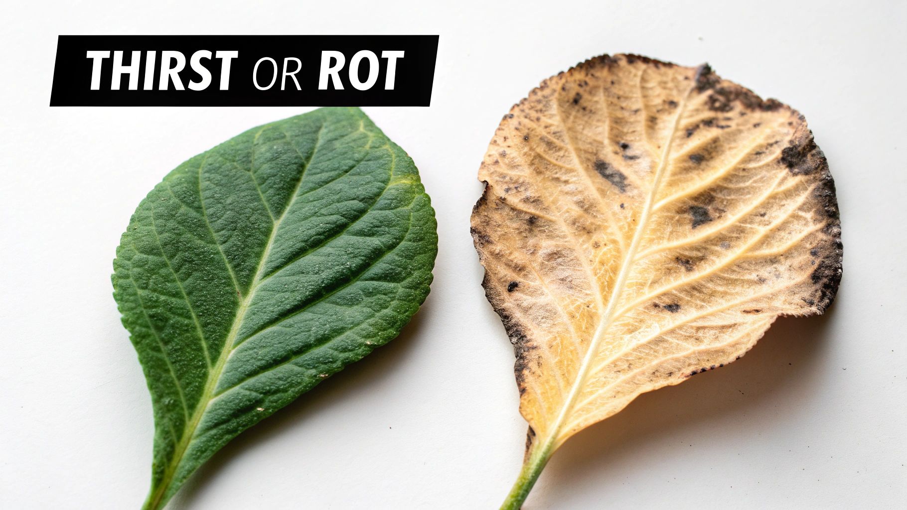 Comparison of a healthy green leaf with a yellow, rotting leaf, titled 'Thirst or Rot'.