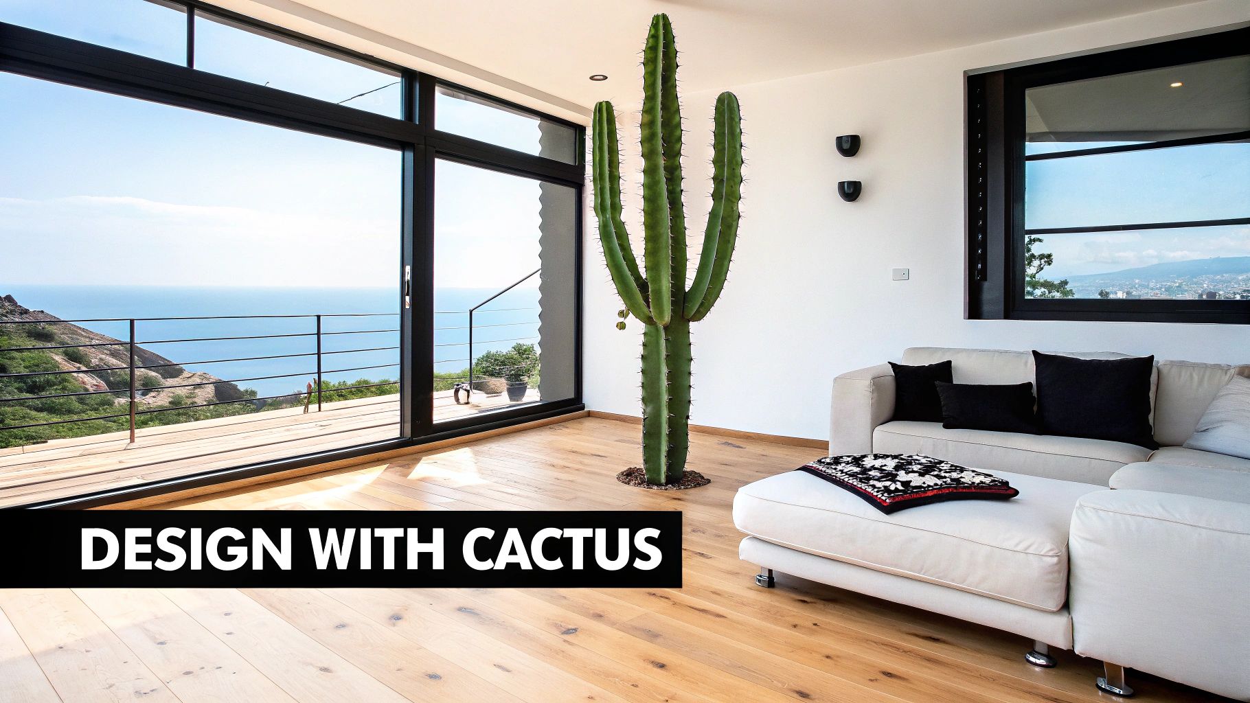 Modern living room design with a giant cactus plant, white sofa, and panoramic ocean views.