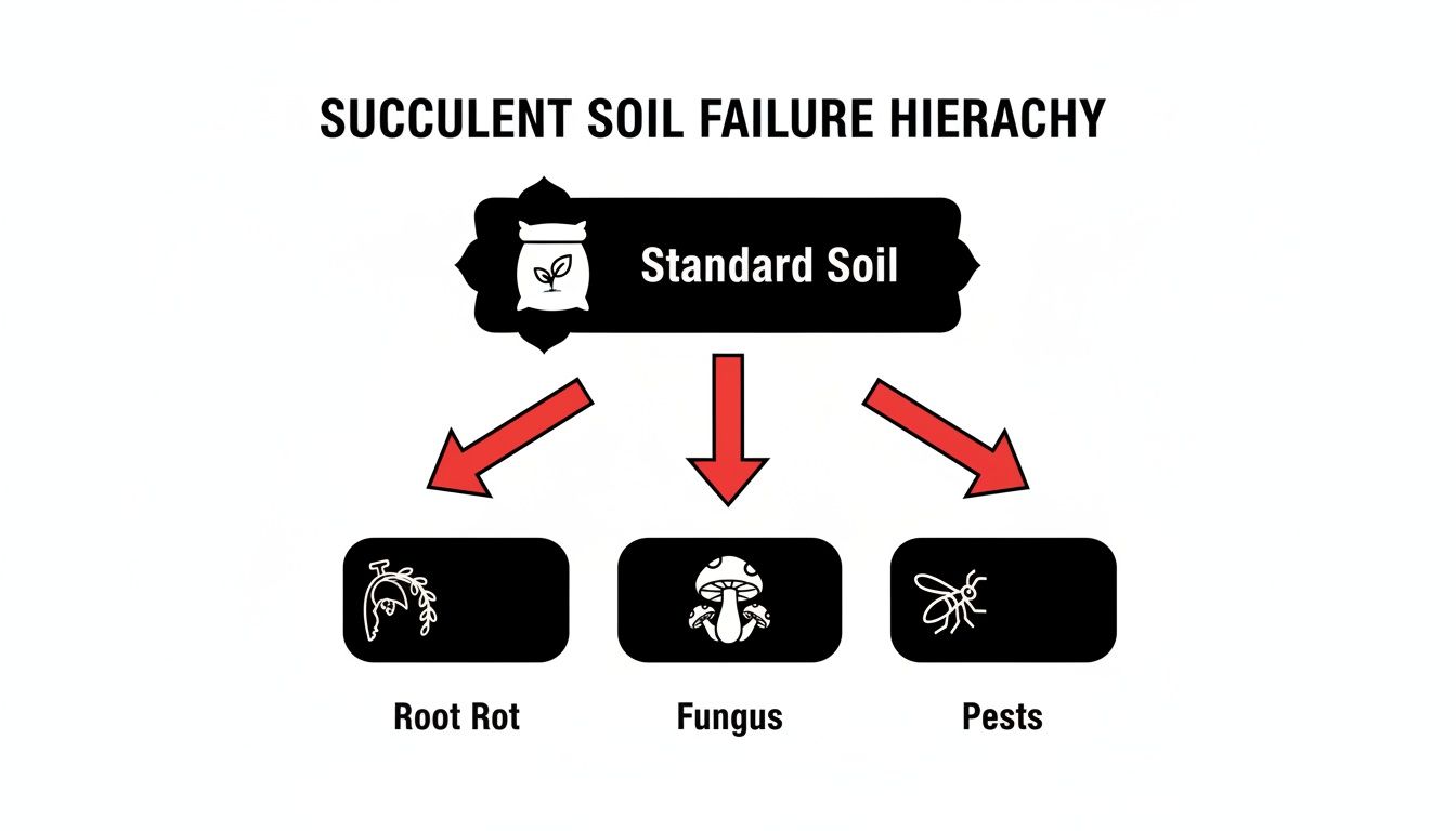 Diagram illustrating succulent soil failure hierarchy: standard soil causes root rot, fungus, and pests.