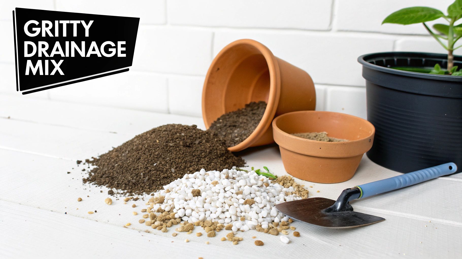 A person repotting a small cactus into a terracotta pot with gritty soil.