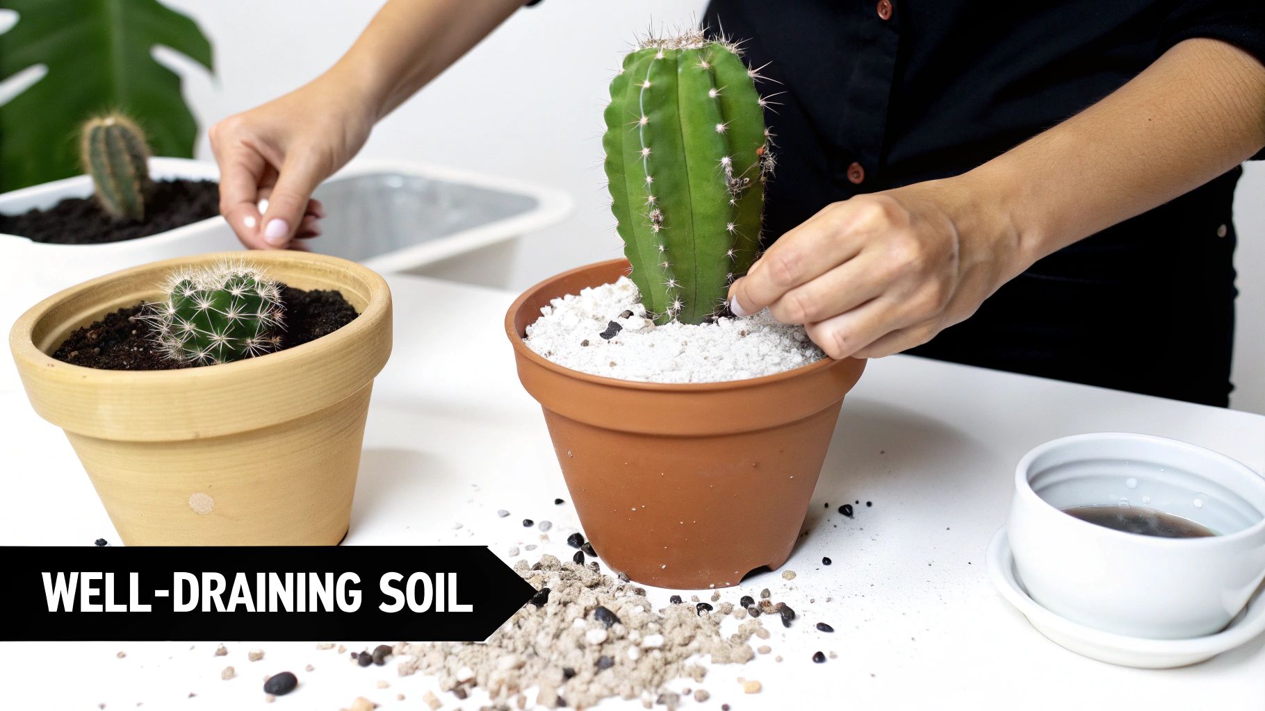 A close-up of a person's hands repotting a small cactus into a terracotta pot with gritty soil.