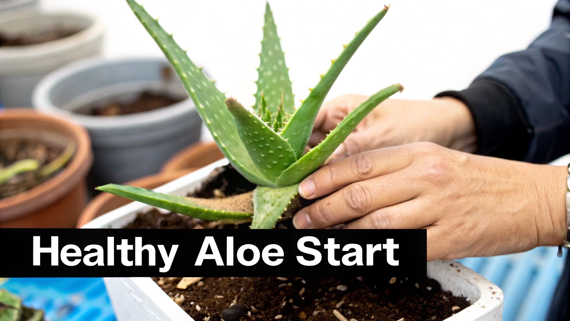 Close-up of hands gently potting a healthy green aloe vera plant in fresh soil.