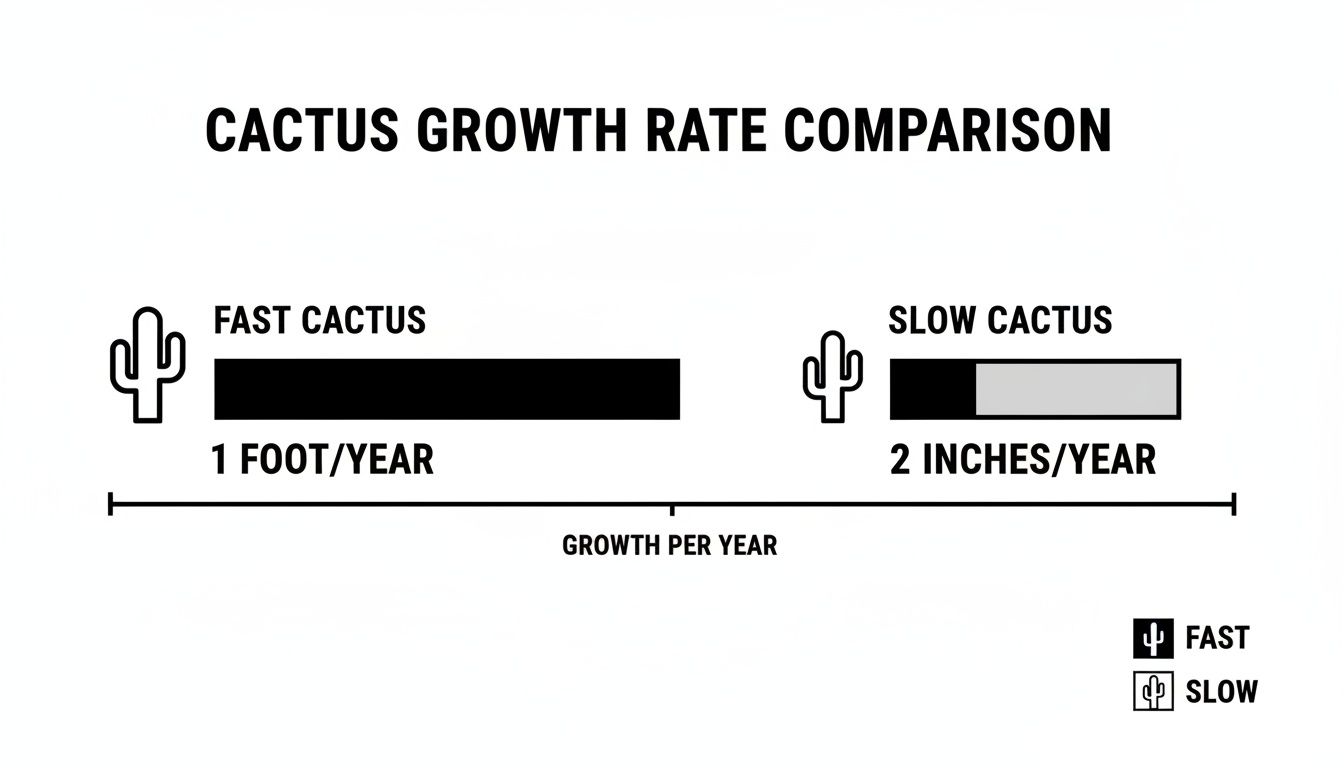 A comparison chart shows a fast cactus grows 1 foot per year, while a slow cactus grows 2 inches per year.