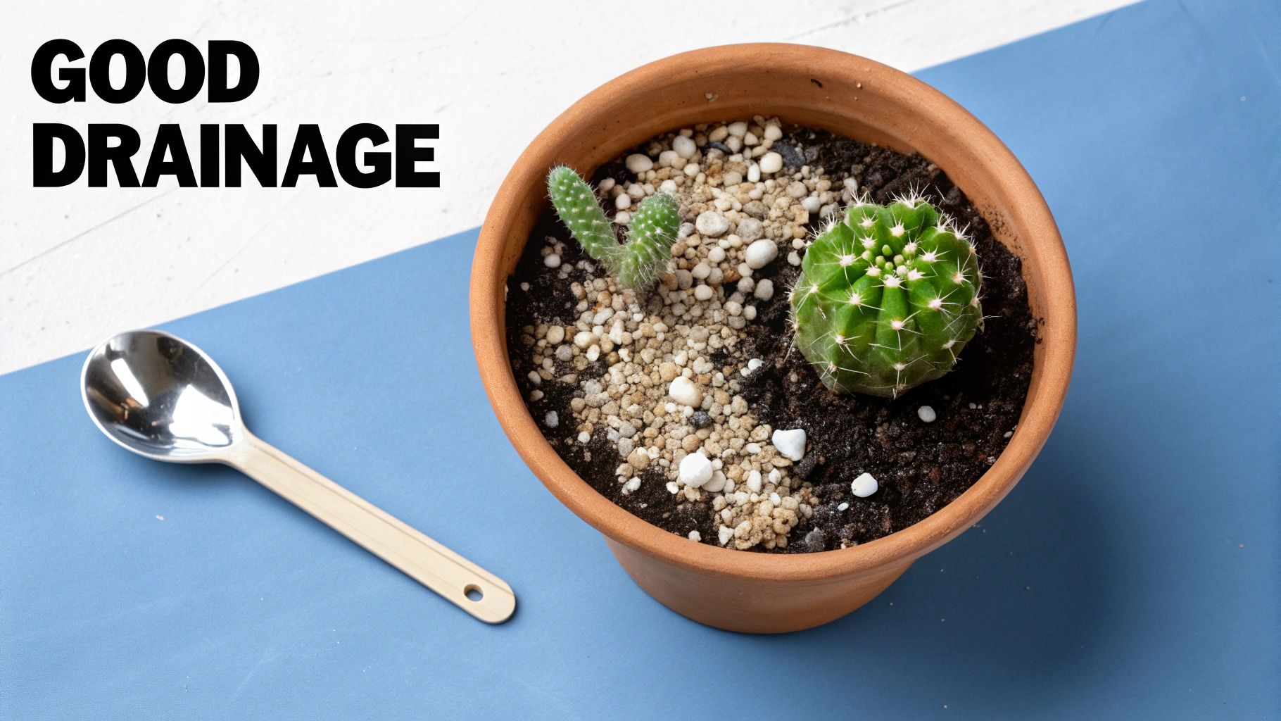 A terracotta pot with two cacti, soil, and white drainage rocks, with 'GOOD DRAINAGE' text.