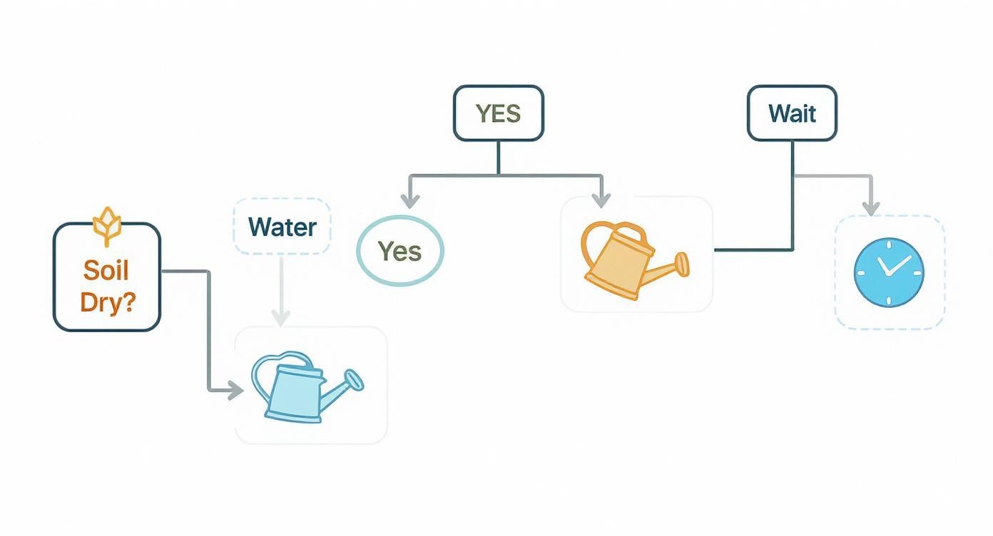 Flowchart showing plant watering decision process with soil dryness check and wait time