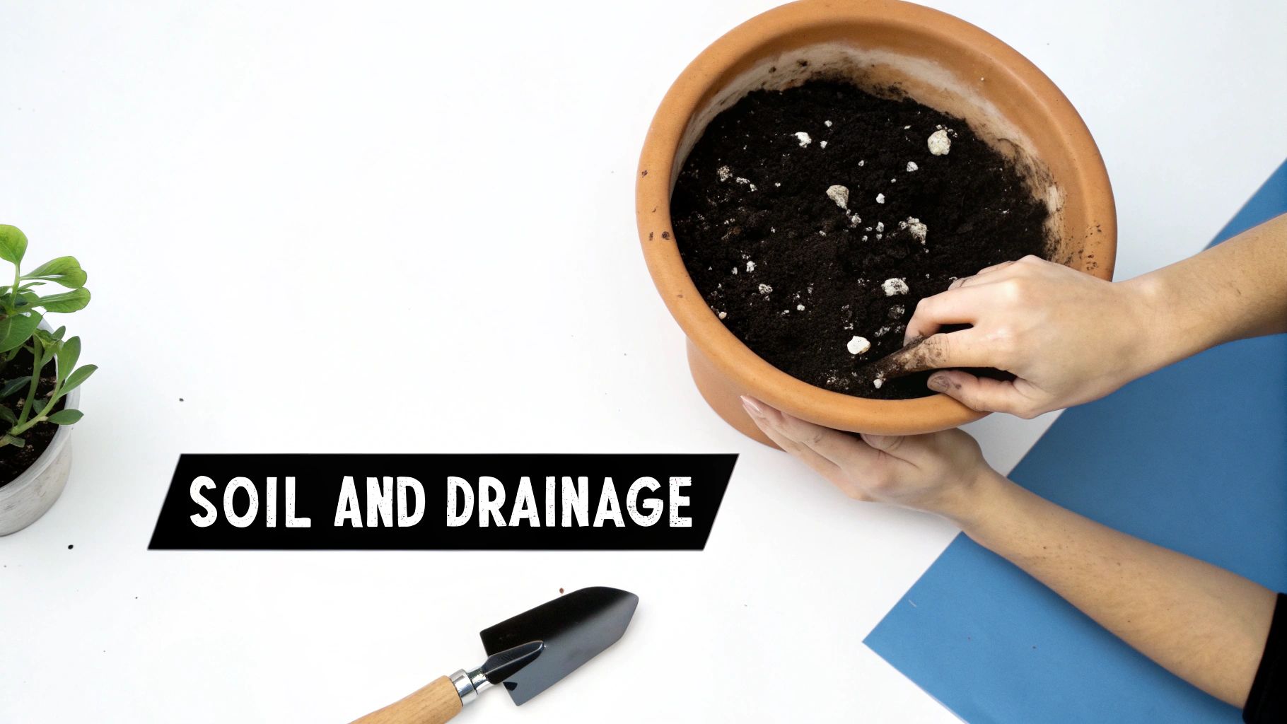 Hands tending to soil in a terracotta pot, with a small plant and trowel, emphasizing soil and drainage.