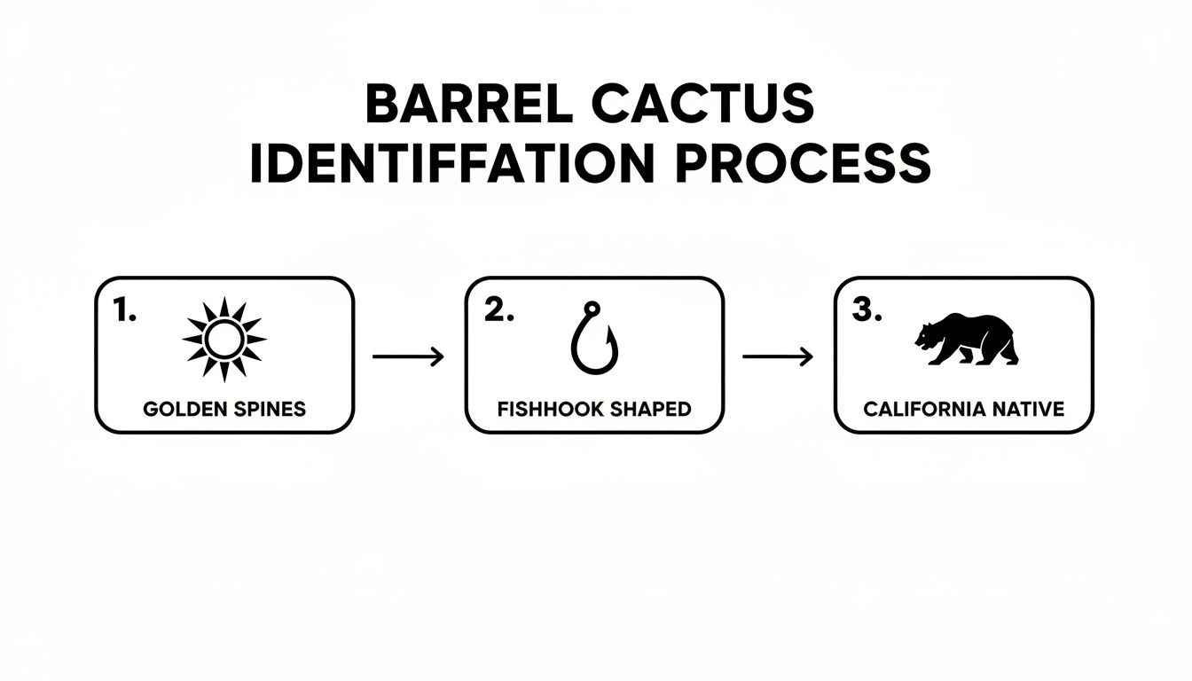 A diagram illustrates the three-step barrel cactus identification process: golden spines, fishhook shaped, and California native.