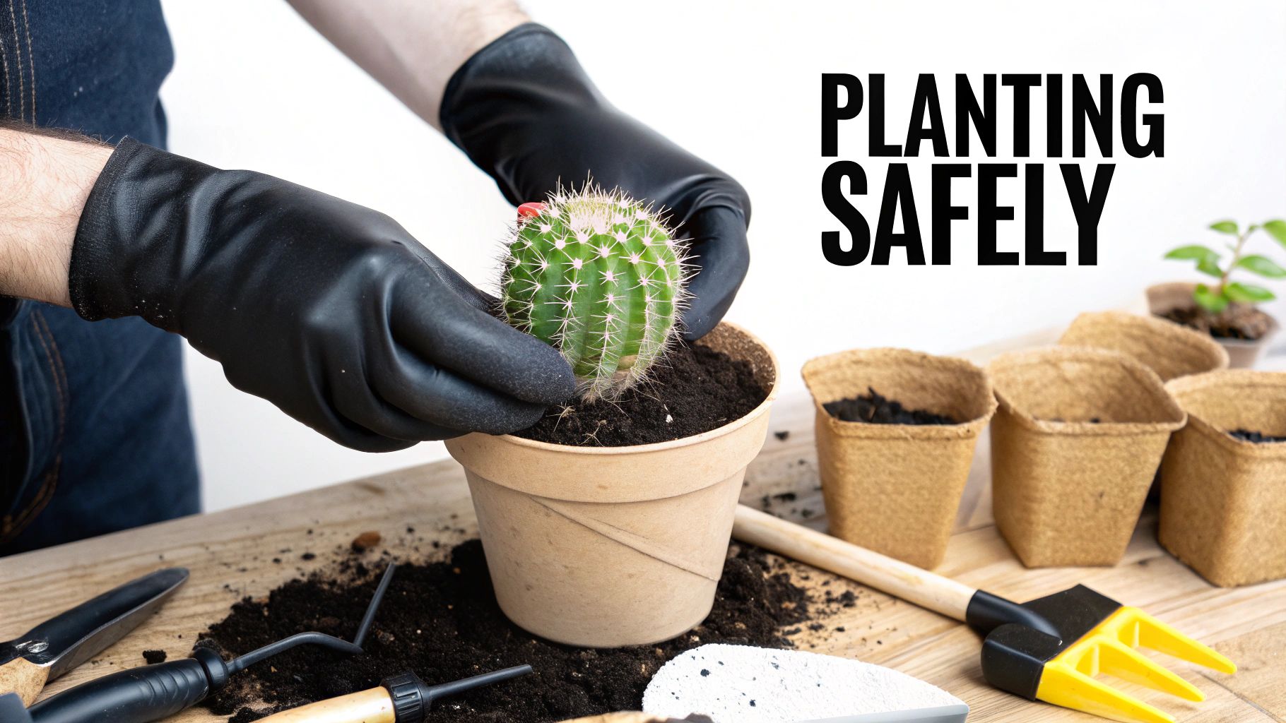 A person in black gloves carefully plants a thorny cactus into a pot with soil, demonstrating safe gardening.