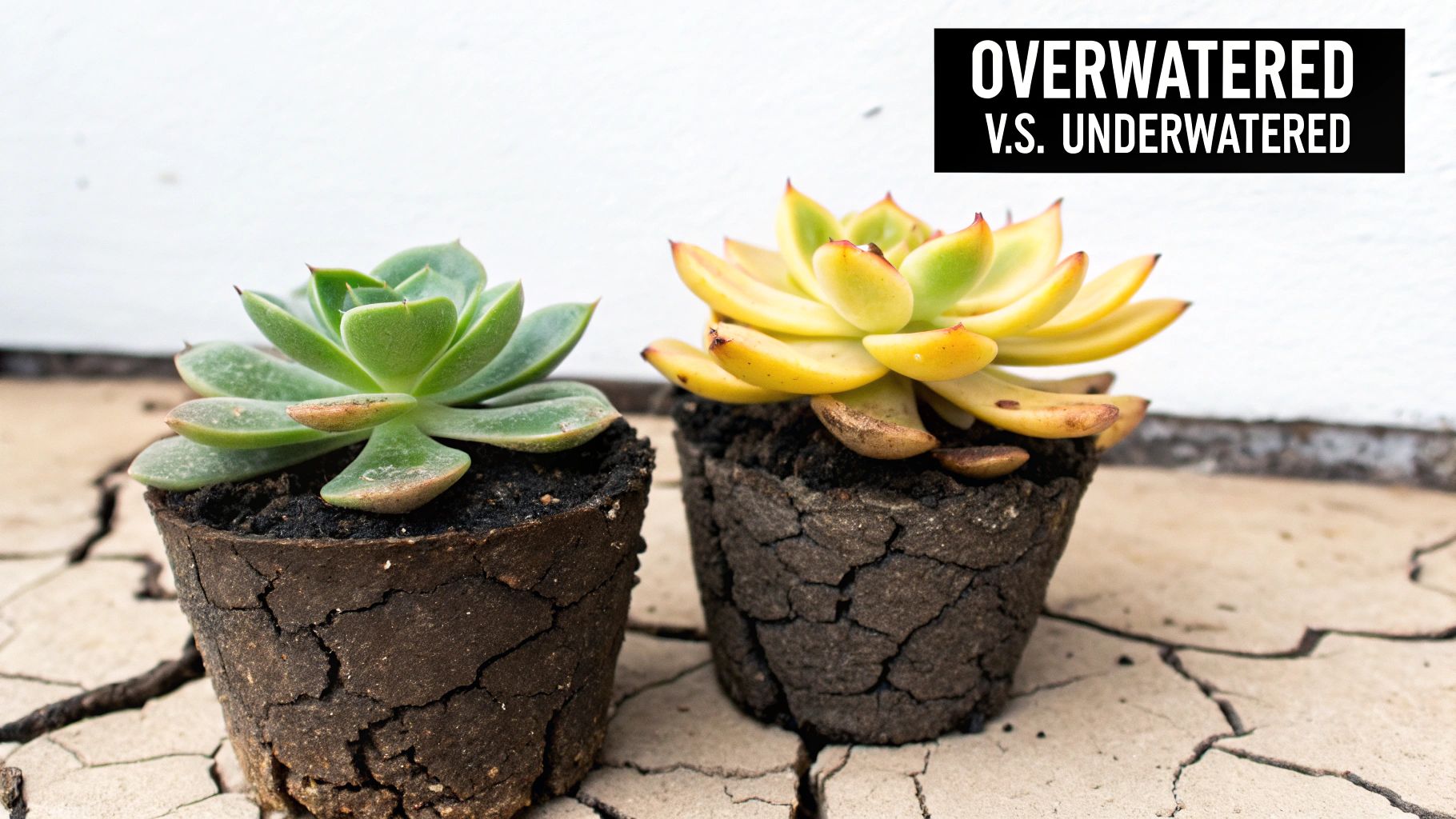 Image comparing an underwatered green succulent and an overwatered yellow succulent in dry soil.