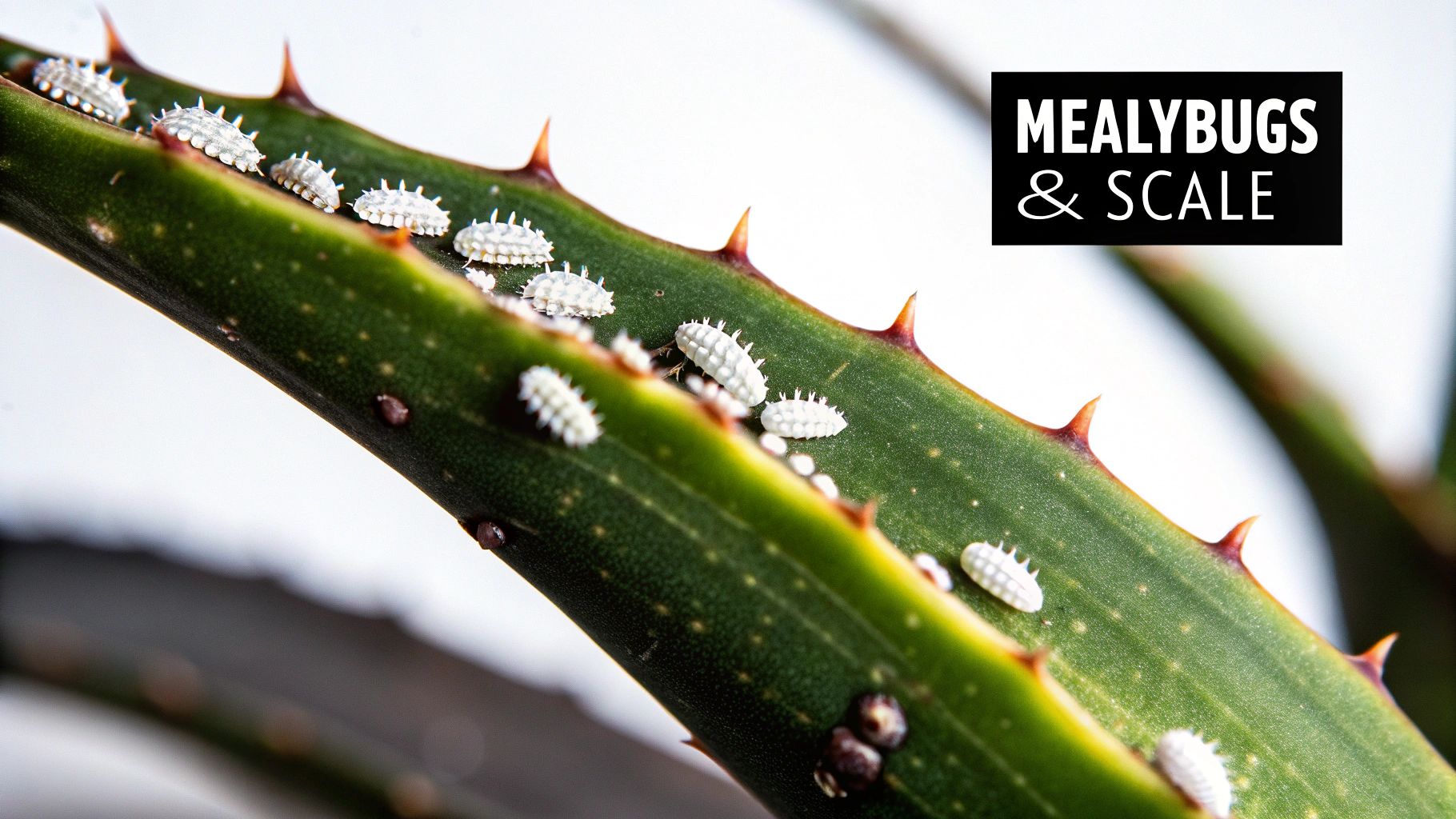 Close-up of white mealybugs and scale insects infesting a green aloe vera plant leaf with thorns.