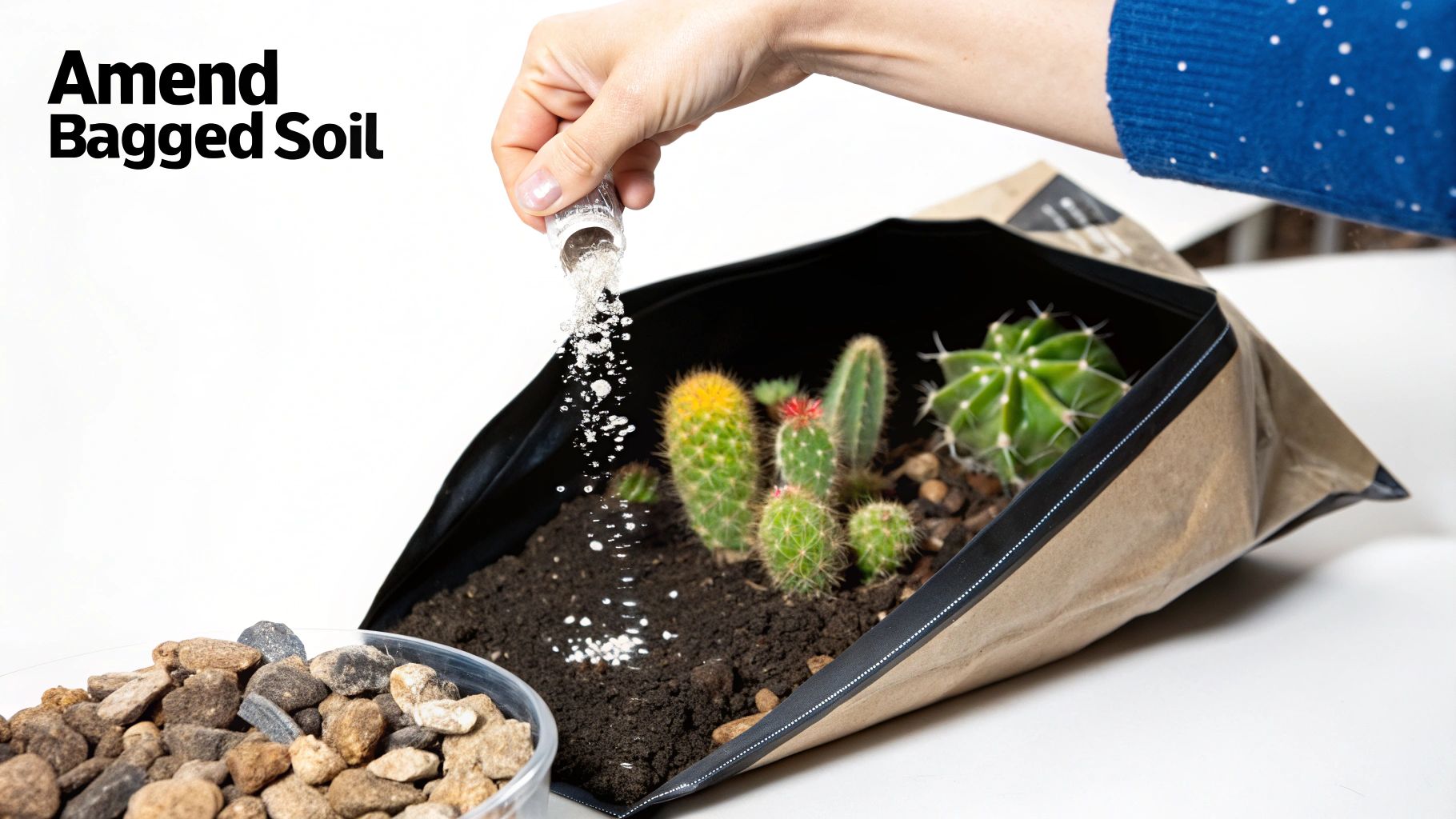 Hand adding white perlite to black tray containing cacti and succulents in dark soil