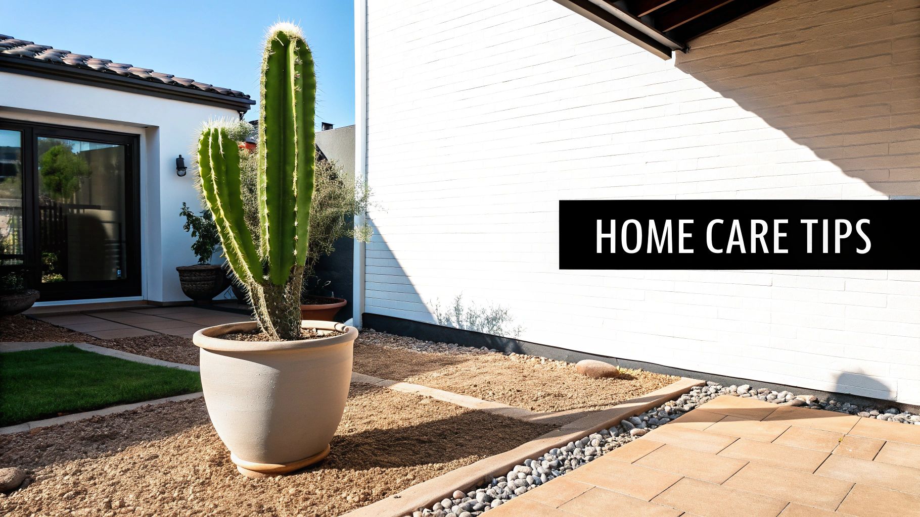 A small saguaro cactus being carefully watered in a home garden setting.