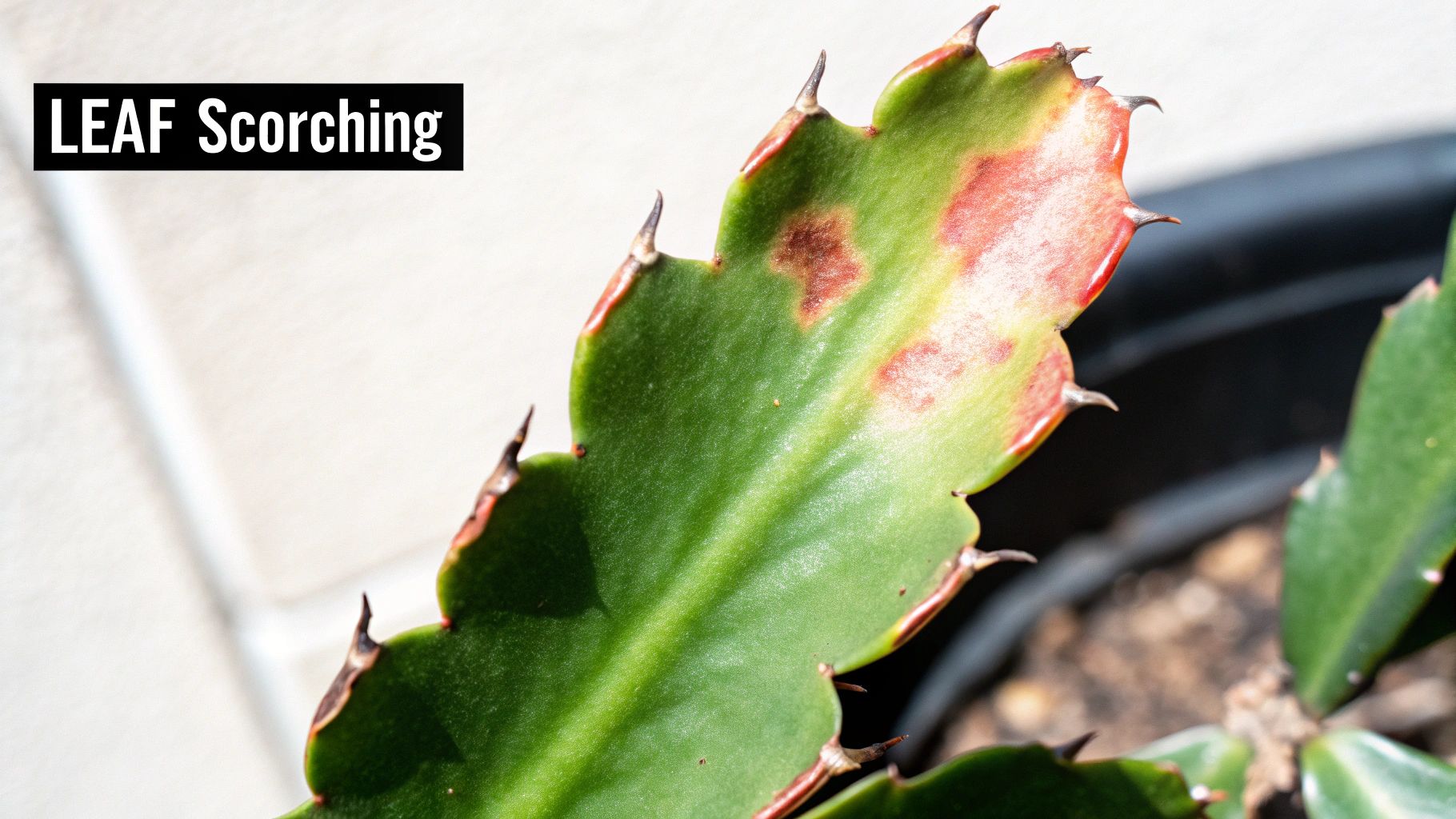 A Christmas cactus with yellowing leaf segments, indicating a potential health issue.