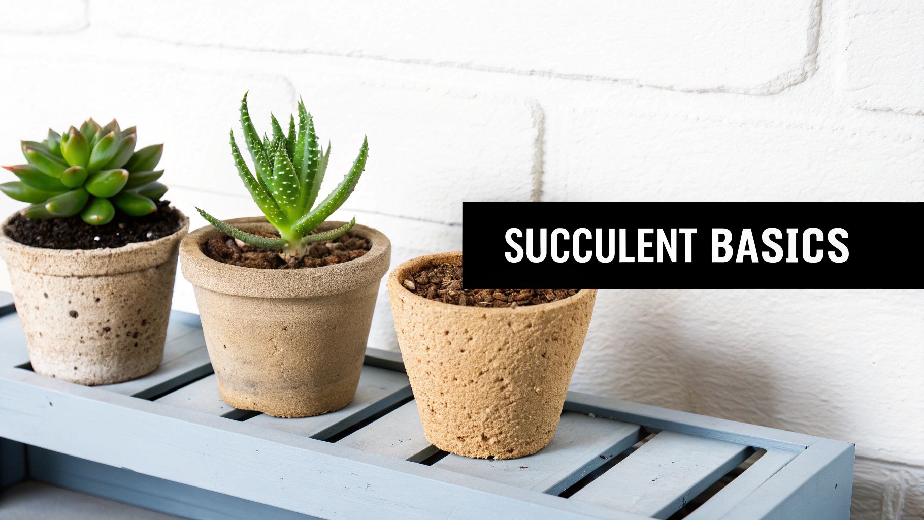 Three potted succulents in varying terracotta pots arranged on a blue wooden shelf, with a white brick wall background and "SUCCULENT BASICS" text.